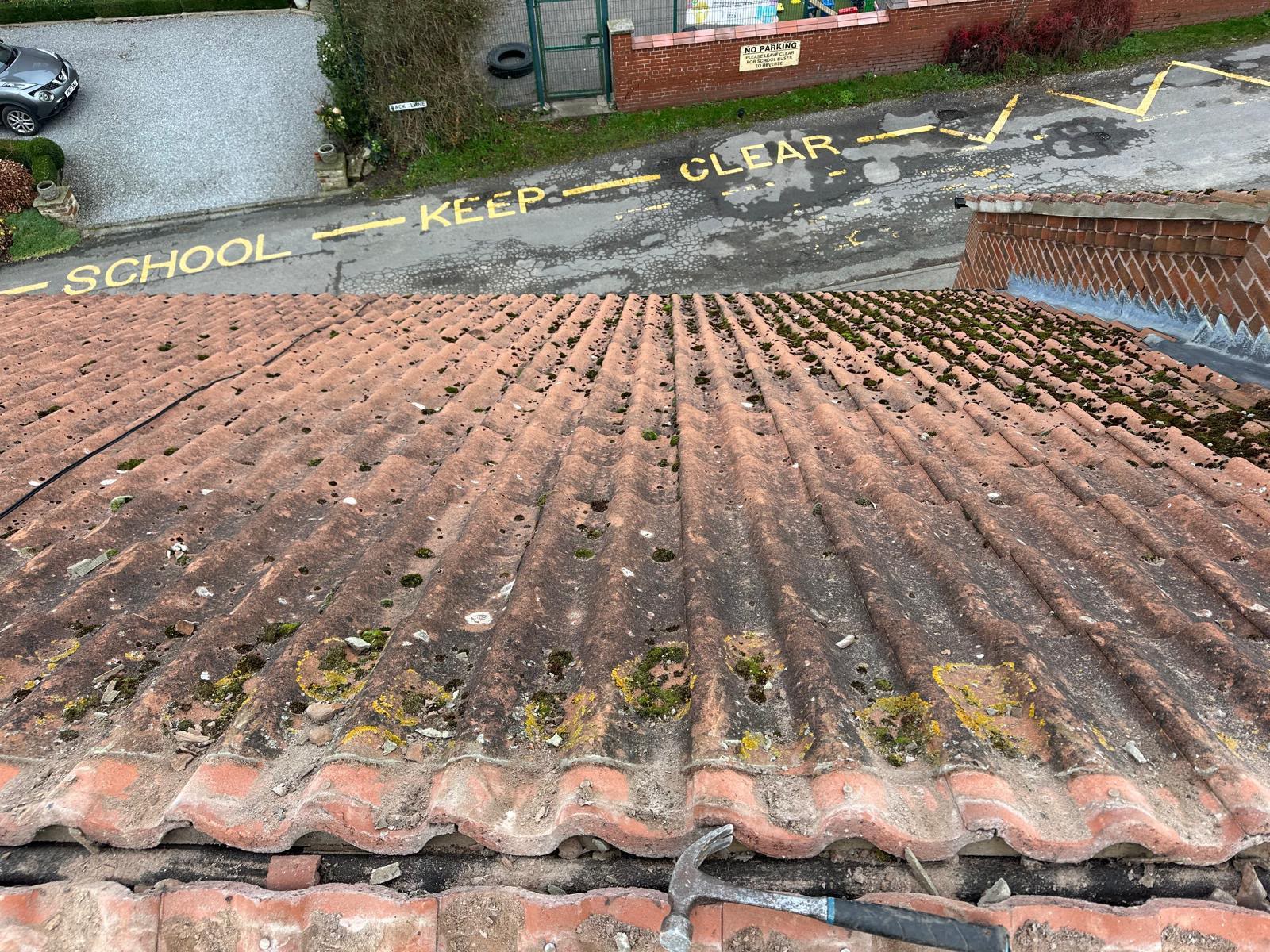 Old mossy pantiled roof heavily overgrown with moss and lichen before replacement