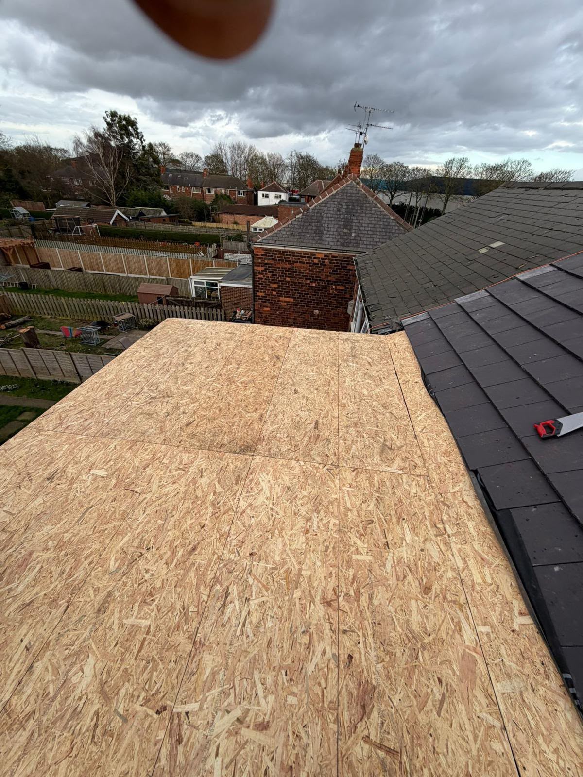 OSB timber decking installed for a flat roof extension by One Stop Roofing