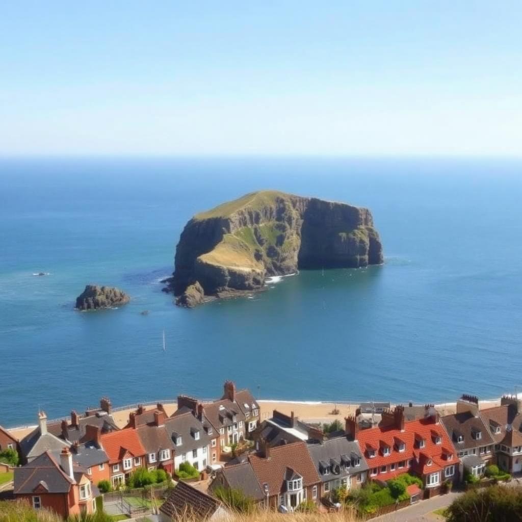 Filey Brigg rocky peninsula jutting into the North Sea beyond the terraced rooftops and chimney stacks of Filey