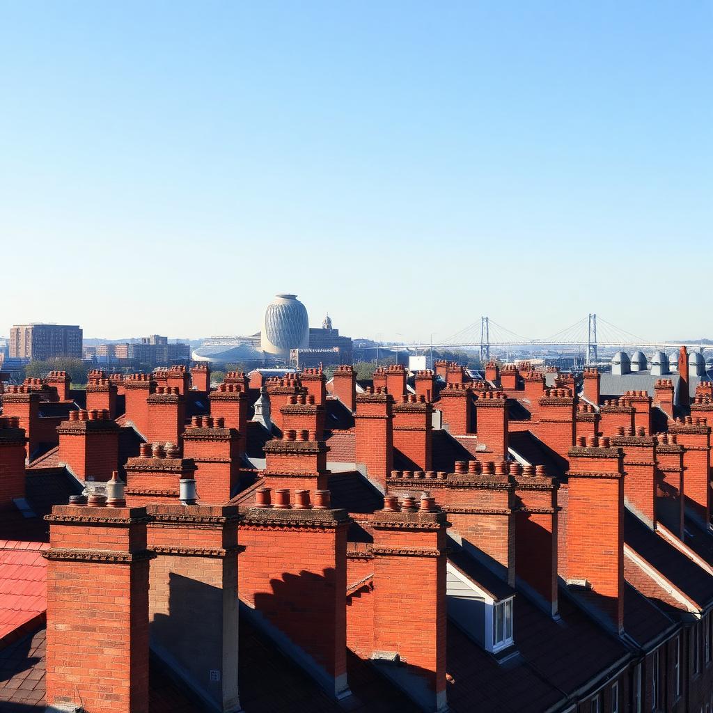 Red-brick terraced rooftops with chimney stacks in Kingston upon Hull, with The Deep and the Humber Bridge in the distance
