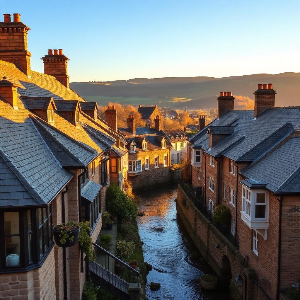 Yorkshire stone-built houses with slate rooftops and chimneys in Malton, the River Derwent below and Howardian Hills beyond