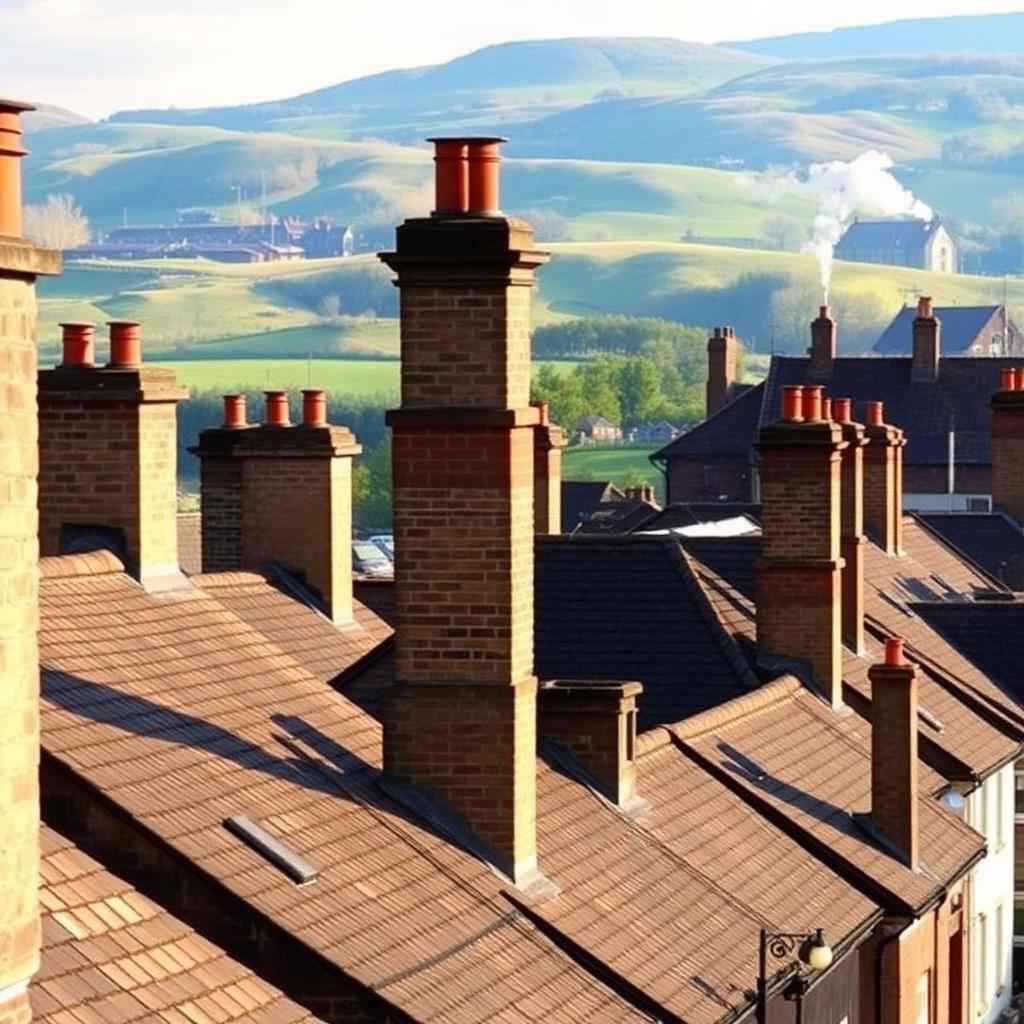 Stone cottage rooftops and chimney stacks of Pickering market town with the North York Moors rolling hills in the background