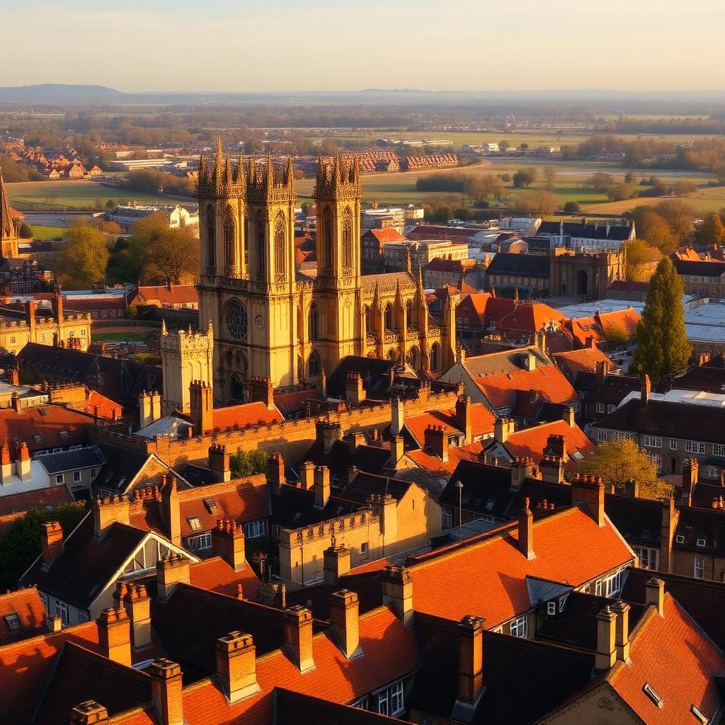 York Minster gothic cathedral rising above the medieval red-tiled rooftops and chimneys of historic York